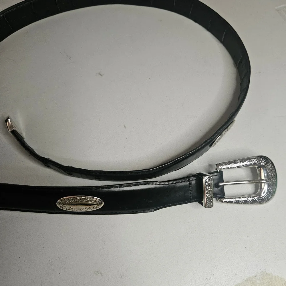 Mens Western Black Top Grain Leather Belt Silver Engraved Buckle Concho Size 44